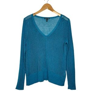 Eileen Fisher Mesh Pullover Sweater Size Medium Lyocell Merino Wool Sheer Teal